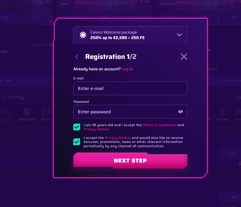 Roby Casino Registrierung: Formular zur Kontoerstellung mit E-Mail und Passwort